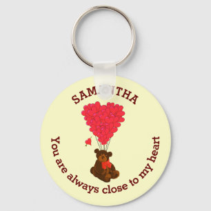 Romantic teddy bear and red heart personalized keychain