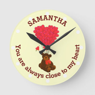 Romantic teddy bear and red heart personalized round clock