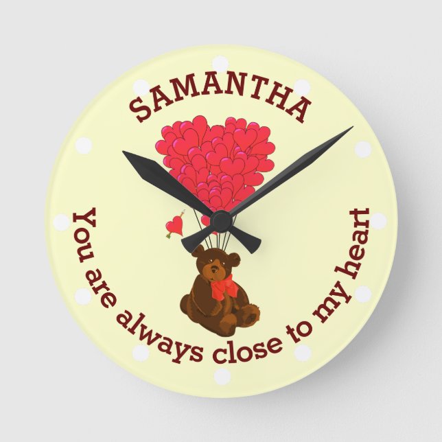 Romantic teddy bear and red heart personalized round clock (Front)