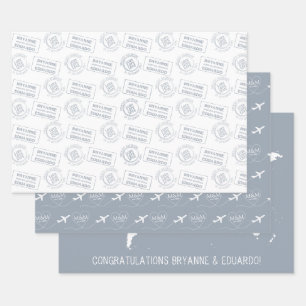 Romantic Travel Theme Passport Stamp Map Blue Wrapping Paper Sheet
