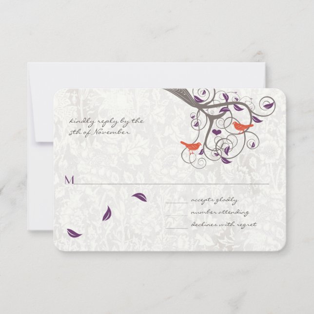 Romantic Tree Swirl Lovebirds Wedding RSVP (Front)