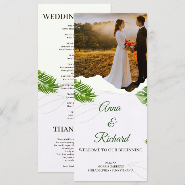 Romantic Tropical Wedding Program Card (Front/Back)