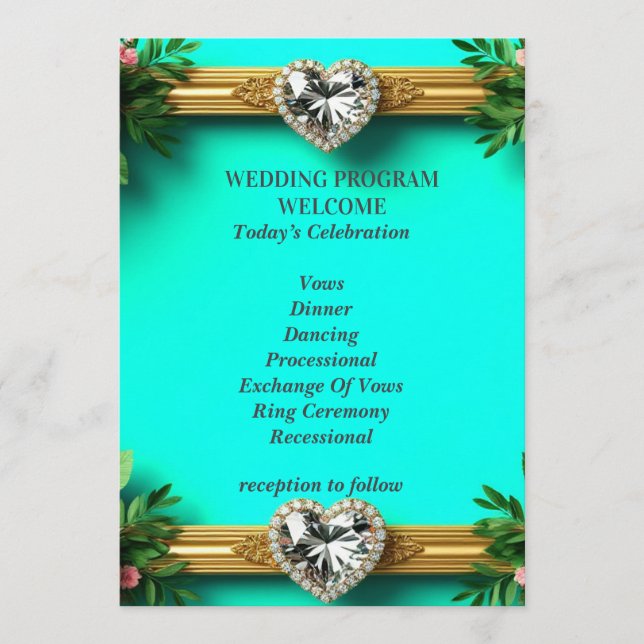 Romantic Turquoise Pink Rose Wedding Ceremony 💍 Program (Front)