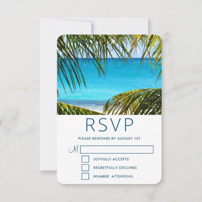 Romantic Turquoise Tropical Beach Wedding RSVP Card (Front)