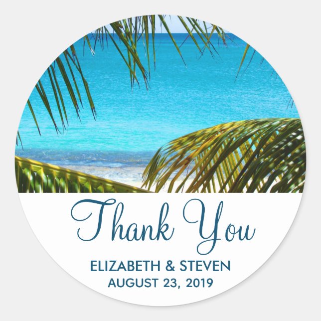 Romantic Turquoise Tropical Beach Wedding Thanks Classic Round Sticker (Front)