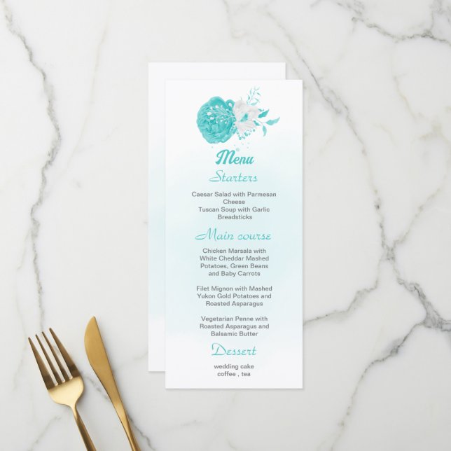 Romantic turquoise white floral wedding menu (Front/Back In Situ)