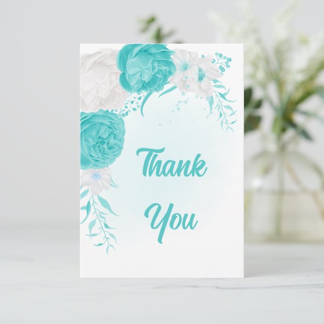 romantic turquoise white flowers botanical wedding thank you card (Standing Front)