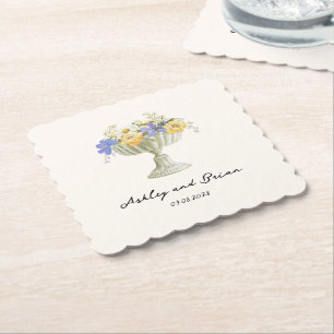 Romantic Tuscan Garden Urn with Flowers Wedding Paper Coaster