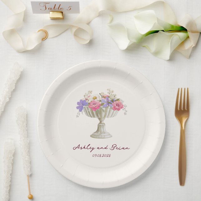 Romantic Tuscan Garden Urn with Flowers Wedding Paper Plate (Wedding)