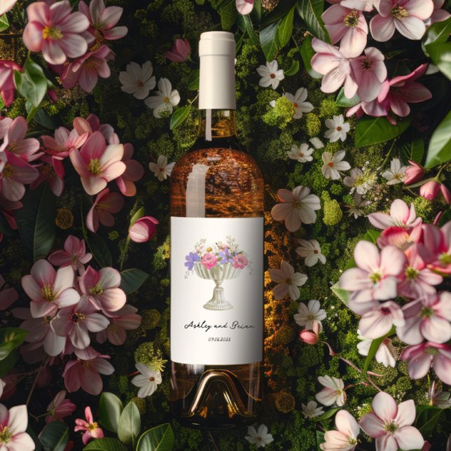 Romantic Tuscan Garden Urn with Flowers Wedding Wine Label (Creator Uploaded)