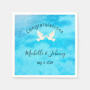 Romantic - two doves with pink heart on blue napkin