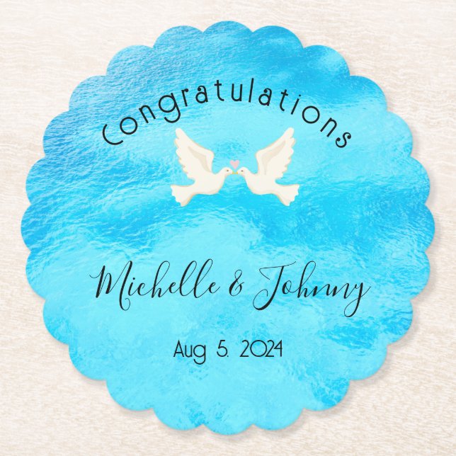 Romantic - two doves with pink heart on blue paper coaster (Front)