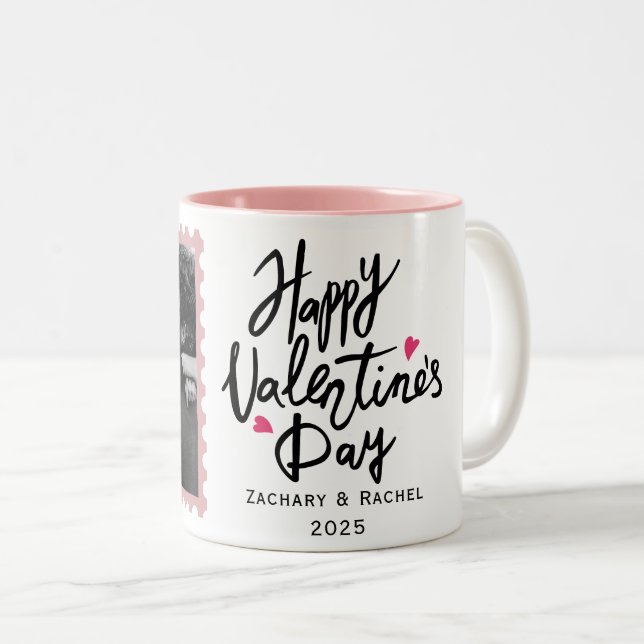 Romantic Typography Valentines day couple 1 photo Two-Tone Coffee Mug (Front Right)