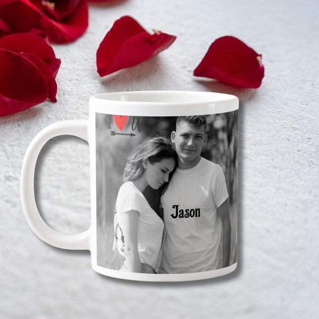 Romantic Valentine Couple Photo I Red Heart U Name Large Coffee Mug (Creator Uploaded)