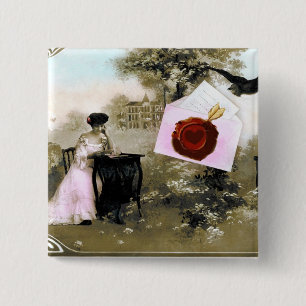 ROMANTIC VALENTINE LETTER ,RED WAX SEAL 2 INCH SQUARE BUTTON