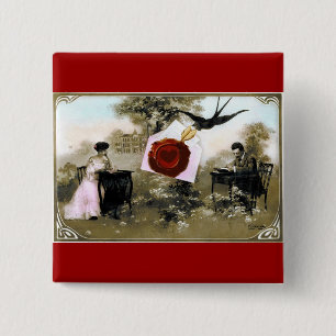 ROMANTIC VALENTINE LETTER ,RED WAX SEAL 2 INCH SQUARE BUTTON