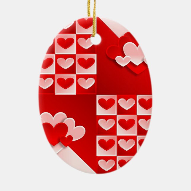 Romantic Valentine Love Hearts Red White Heart Ceramic Ornament (Back)