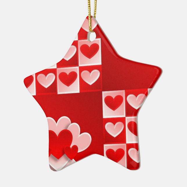 Romantic Valentine Love Hearts Red White Heart Ceramic Ornament (Left)