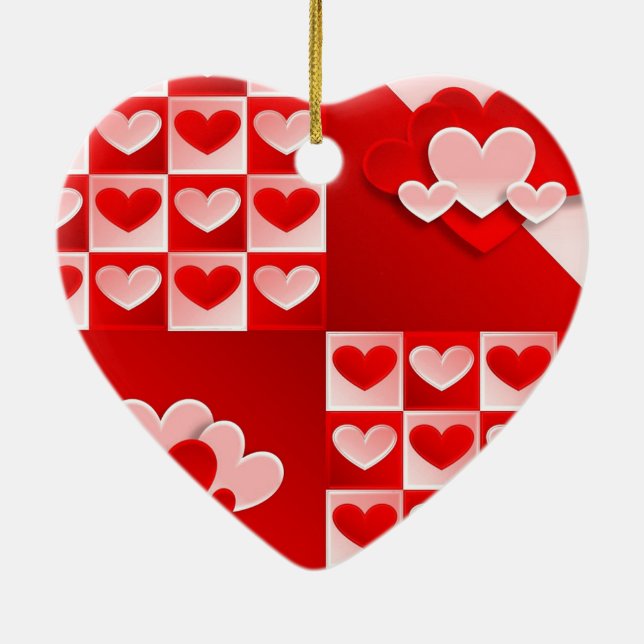 Romantic Valentine Love Hearts Red White Heart Ceramic Ornament (Back)