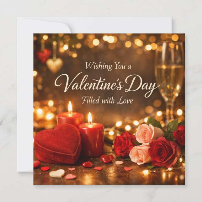 Romantic Valentine’s Day Candlelight Roses Glow Holiday Card (Front)