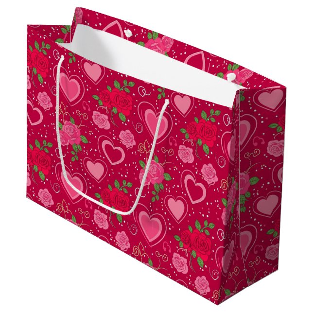 Romantic Valentine’s Roses & Hearts Gift Bag (Front Angled)