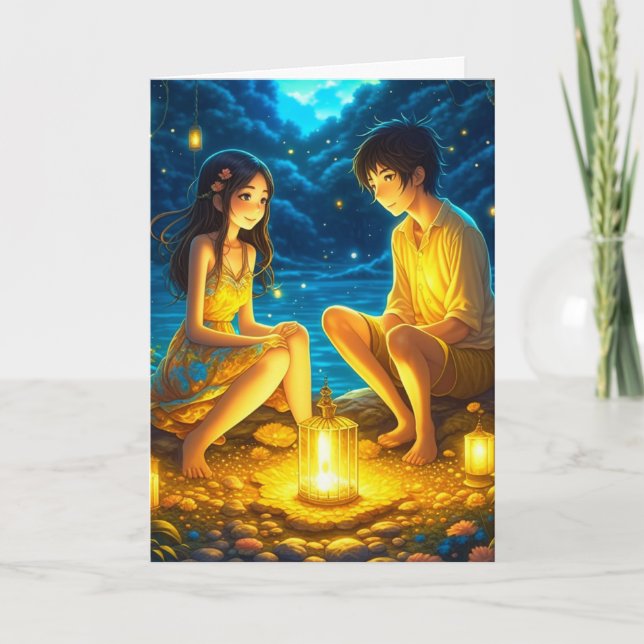 Romantic Valentine's Day Anime Couple Card (Front)