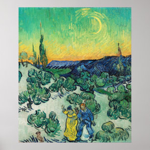 Romantic Van Gogh Couple Walking Under Moon Poster