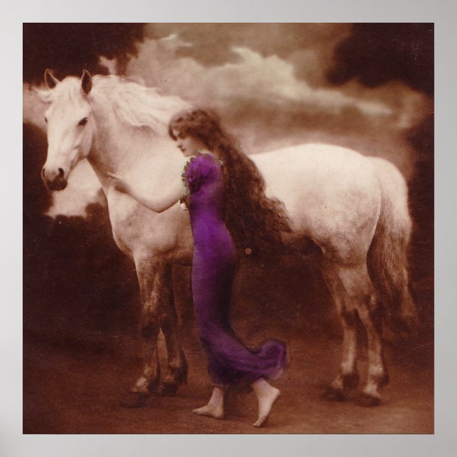 Romantic Victorian Girl with White Stallion Horse Poster (Front)