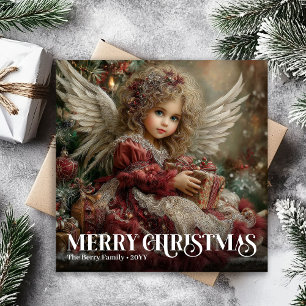 Romantic Vintage Angel Burgundy Christmas Greeting Holiday Card