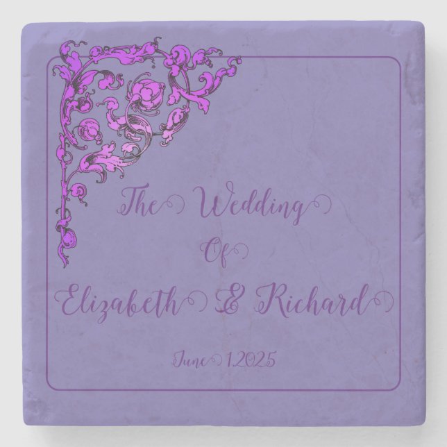 Romantic, Vintage, Antique Purple Wedding  Stone Coaster (Front)