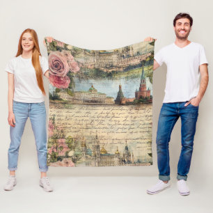 Romantic Vintage Architecture & Roses Collage Art Fleece Blanket