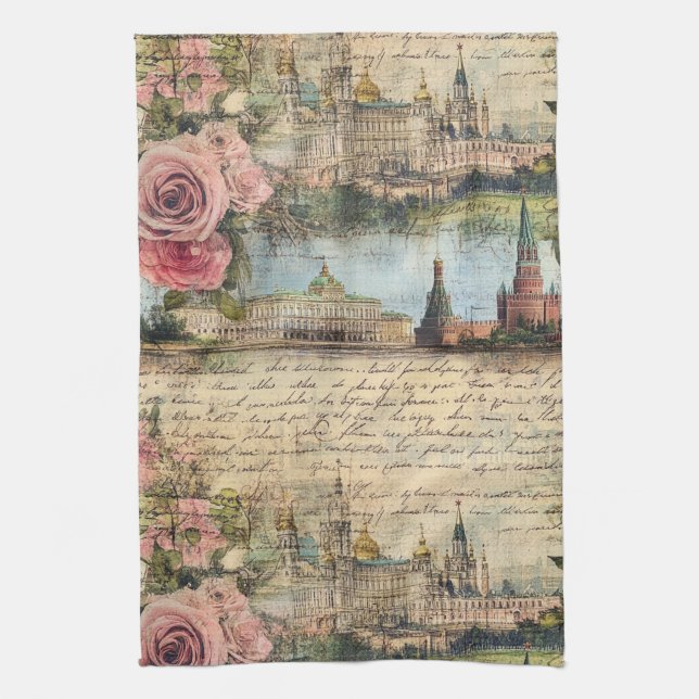 Romantic Vintage Architecture & Roses Collage Art Kitchen Towel (Vertical)