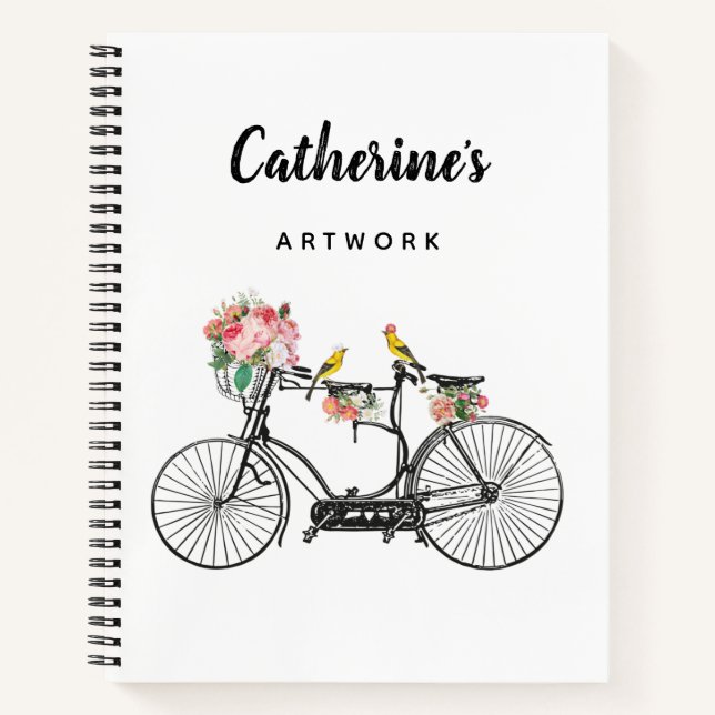 Romantic Vintage Bicycle Flowers Birds Sketchbook Notebook (Front)
