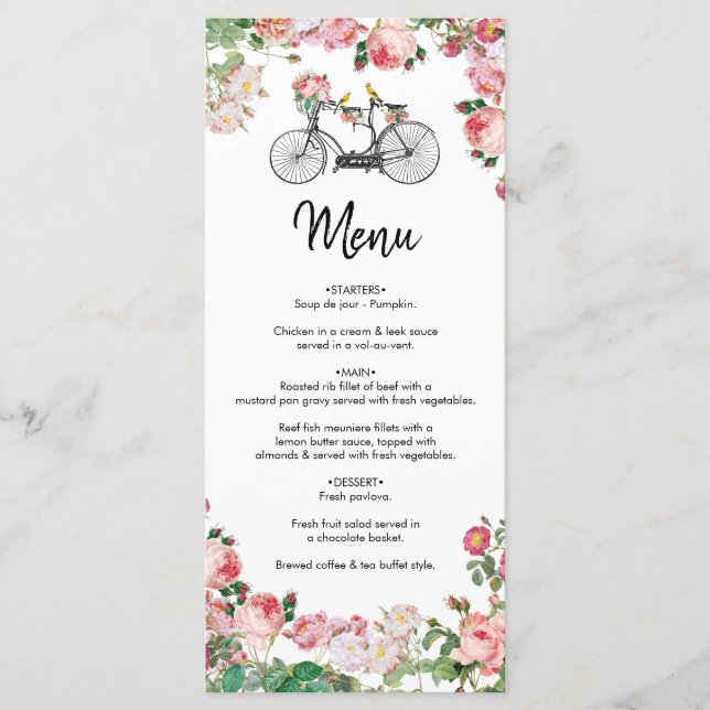 Romantic Vintage Bicycle Flowers & Birds Wedding Menu (Front)