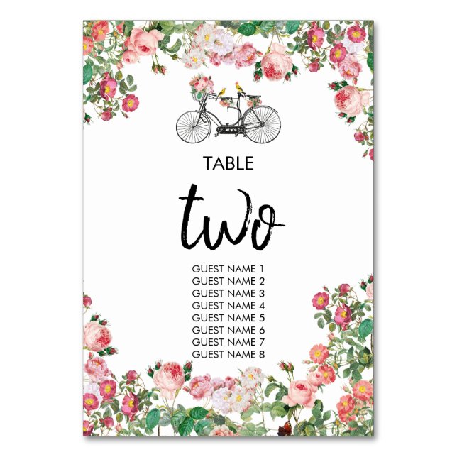 Romantic Vintage Bicycle Flowers & Birds Wedding  Table Number (Front)