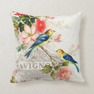 Romantic Vintage Birds White with French script Throw Pillow