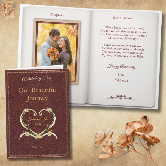 Romantic Vintage Book Couple Photo Anniversary Card (Open a new chapter in your love story with this luxurious, vintage book-style anniversary card)
