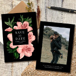 Romantic Vintage Floral Blush Pink Black Wedding Save The Date<br><div class="desc">This beautiful wedding save the date card features a hand painted vintage floral design (azaleas) in blush pink over a black background. It contains simple,  stylish text on the front,  a photo template on the back,  and more text templates on the back for further personalization.</div>