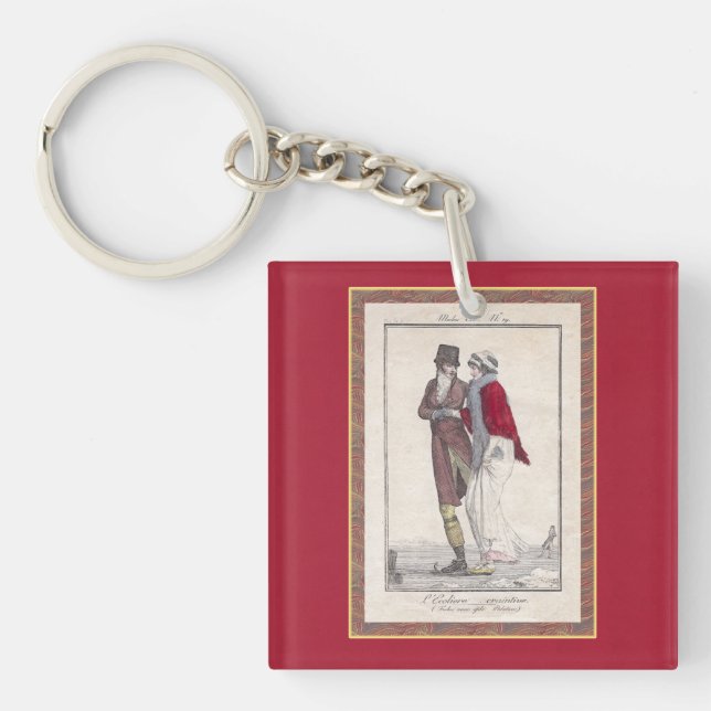 Romantic Vintage Ice Skating Scene Elegant Couple Keychain (Front)