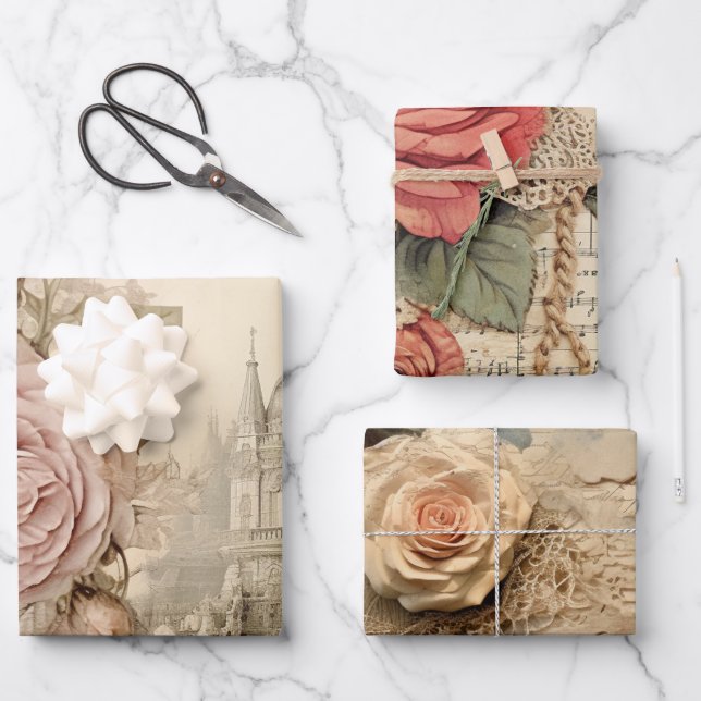 Romantic Vintage Inspired Pink Floral Wrapping Paper Sheet (Front)
