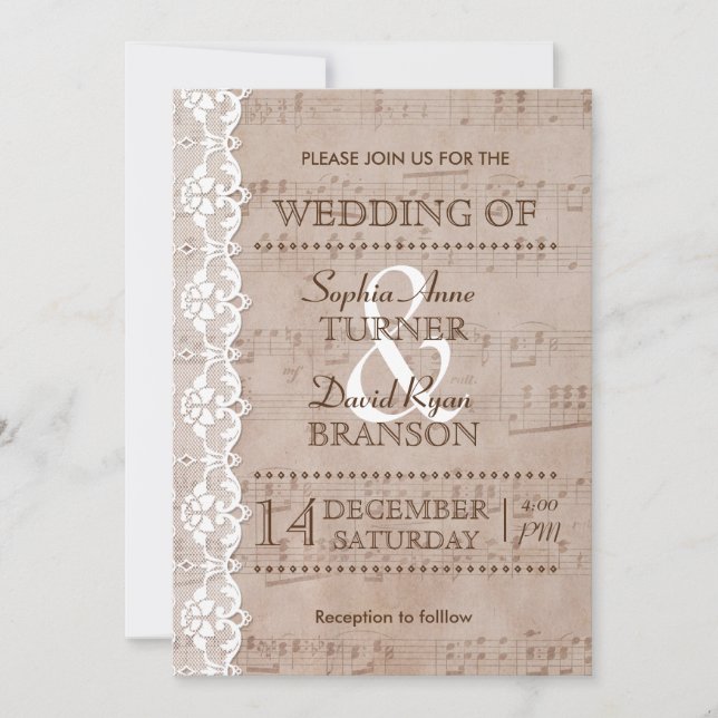 Romantic Vintage Music Sheet & Lace Wedding Invite (Front)
