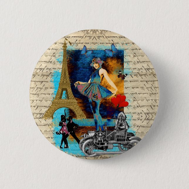 Romantic vintage Paris collage 2 Inch Round Button (Front)