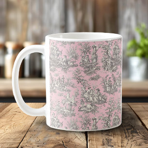 Romantic Vintage Pink Grey Toile de Jouy Pattern Coffee Mug