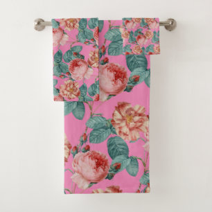 Romantic Vintage Pink Roses on Pink Bath Towel Set