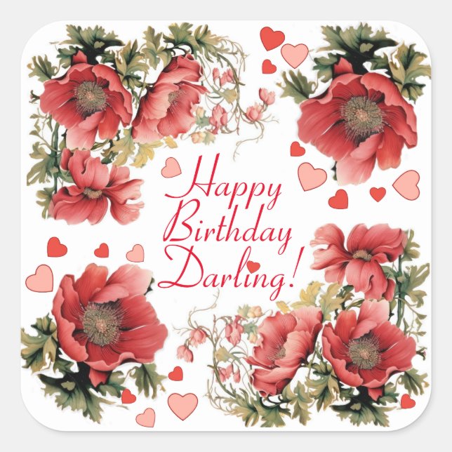 Romantic Vintage Poppies and Hearts Birthday Square Sticker (Front)