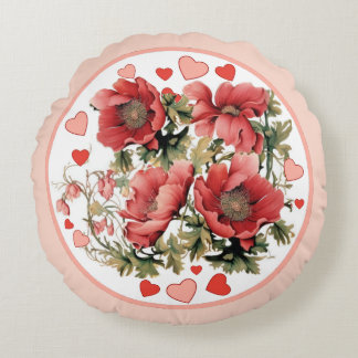 Romantic Vintage Poppy and Hearts Round Pillow