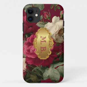 Romantic Vintage Red Rose Floral Monogrammed  iPhone 11 Case
