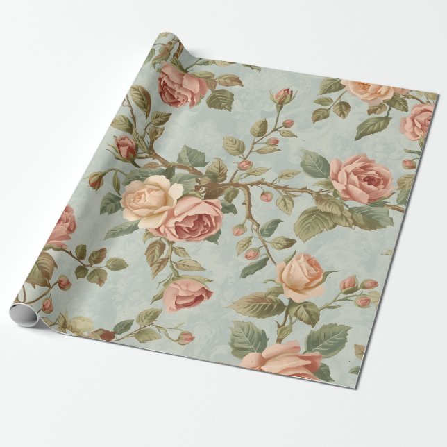 Romantic Vintage Rose Garden Wrapping Paper (Unrolled)