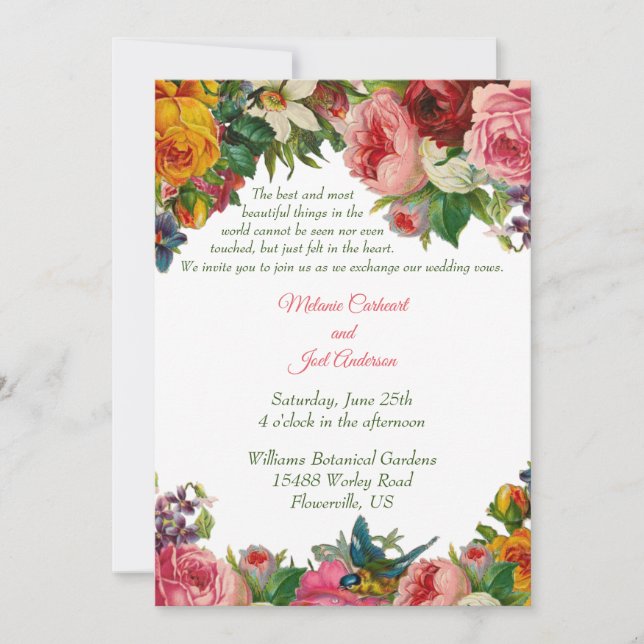 Romantic Vintage Roses & Bluebird Wedding Invitation (Front)