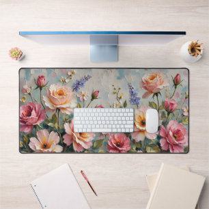 Romantic Vintage Roses in Pink and Peach Garden Desk Mat